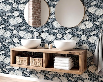 Dark Floral Wallpaper - Moody Blue Dahlia Pattern | Vintage Botanical Peel and Stick Wall Decor