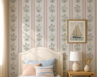 Floral Stripe Wallpaper – Pink Vintage Cottagecore Design in Removable Peel and Stick