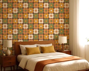 Funky Retro Floral Wallpaper – Orange, Green & Yellow, 70s Geometric, Colorful Peel and Stick Wallcovering.