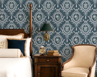 Tapeta w stylu wiktoriańskim w kolorze turkusowym – botaniczny wieniec kwiatowy | Tapeta Moody Vintage w wersji samoprzylepnej