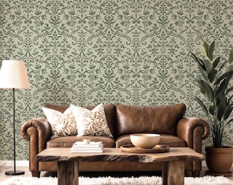 Victorian Damask Wallpaper - Green Arts & Crafts Style Wall Covering