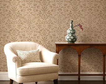 Victorian Damask Wallpaper - Tan Luxury Arts & Crafts Style in Peel and Stick