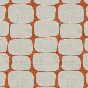 May include: A textile fabric featuring a repeating pattern of rounded, off-white rectangular shapes set against a solid, textured burnt orange background. The light-colored shapes have a subtle, mottled surface texture throughout the design.