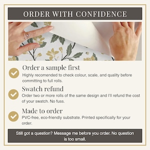 a person's hands holding a swatch of wallpaper, with text providing instructions for ordering wallpaper.