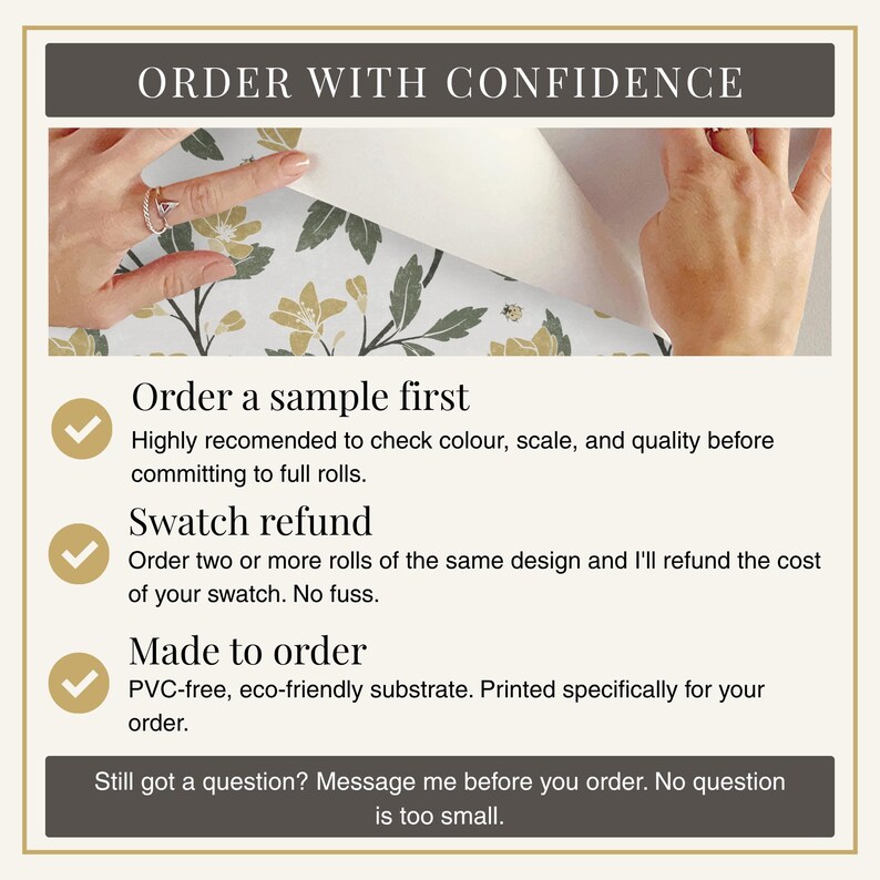 a person's hands holding a swatch of wallpaper, with text providing instructions for ordering wallpaper.