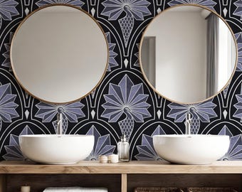 Tapeta w stylu art déco z pawiem – czarno-srebrna, lata 20. XX wieku, z motywem Gatsby, samoprzylepna | Zdejmowana