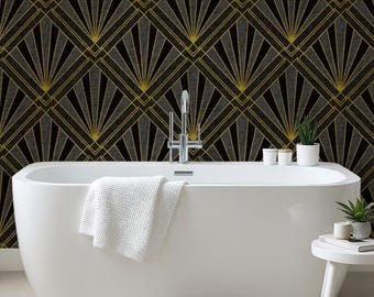 Art Deco Tapete - Geometrisches Muster in Schwarz und Gold zum Schälen und Aufkleben | Abnehmbar