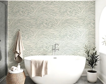 Coastal Waves Wallpaper - Light Sage Green for Beach House Bathroom | Removable Peel and Stick