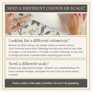 a person's hands holding a piece of paper with a floral pattern, suggesting that the image is a collage of multiple images. The text provides information about custom orders, including the option to browse other listings for different colourways and the ability to adjust the scale of the custom order.