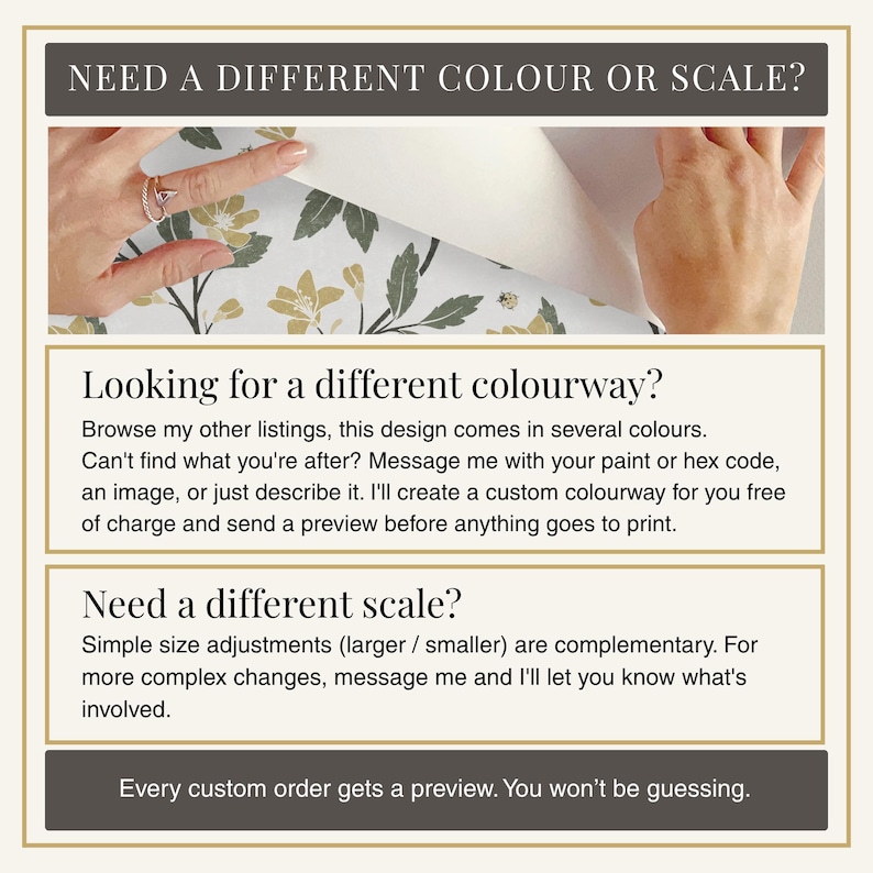 a person's hands holding a piece of paper with a floral pattern, suggesting that the image is a collage of multiple images. The text provides information about custom orders, including the option to browse other listings for different colourways and the ability to adjust the scale of the custom order.