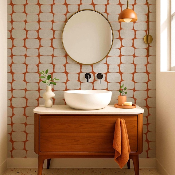 Terracotta Geometric Wallpaper - Mid Century Modern Peel and Stick Wall Mural