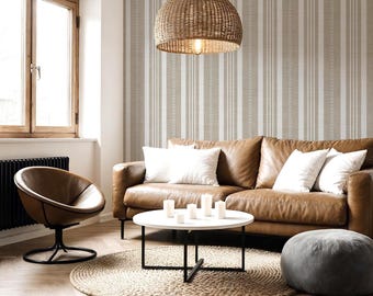 Neutral Striped Wallpaper - Textured Beige Cottage Design in Peel and Stick | Removable