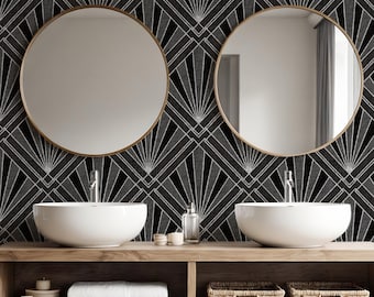 Tapeta w stylu art déco – czarno-srebrna, geometryczna, samoprzylepna | Zdejmowana