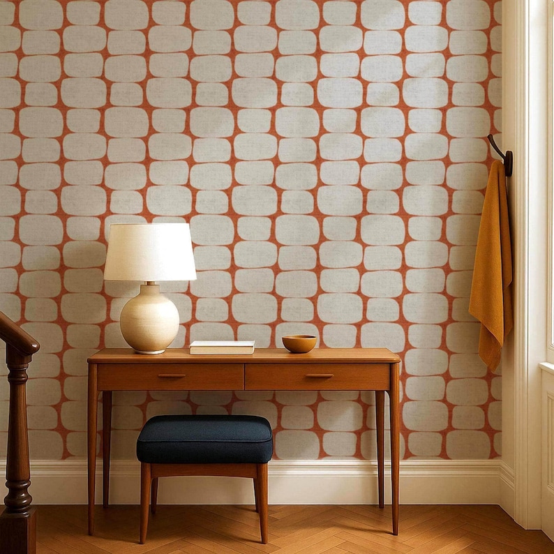 Terracotta Geometric Wallpaper - Mid Century Modern Peel and Stick Wall Mural image 9