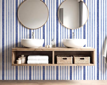 Striped Coastal Wallpaper – Blue and White Nautical Watercolour Design in Peel and Stick.