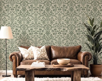 Papel pintado de damasco victoriano - Revestimiento de paredes de estilo Arts & Crafts verde