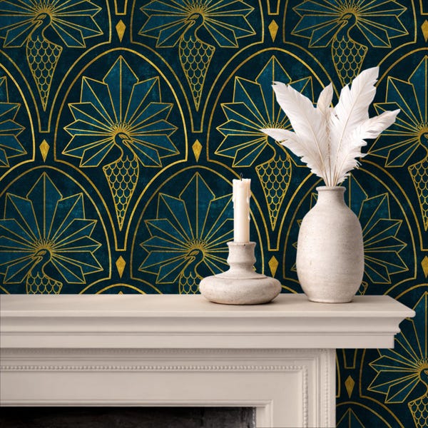 Papel pintado autoadhesivo Art Déco con diseño de pavo real - Estilo Gatsby de los años 20 en verde azulado y dorado / Removible