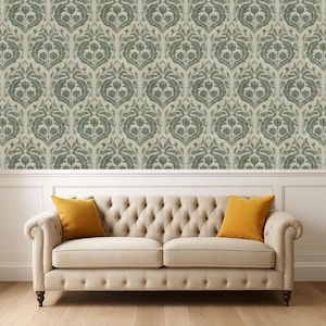 Dark Green Victorian Wallpaper – Art Nouveau Peel & Stick or Pre-Pasted for Farmhouse Style and Heritage Interiors