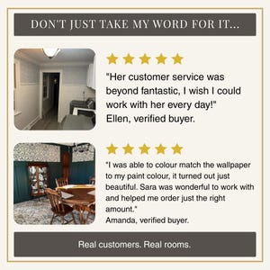 The image is a collage of two photos, one showing a room with a wooden table and chairs, and the other showing a wall with a patterned wallpaper. The text in the image is a review of a customer service experience, with five stars indicating excellent service. The review describes how the customer service was beyond fantastic and how the person was able to colour match the wallpaper to their paint color, resulting in a beautiful and helpful experience.