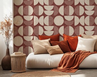 Midcentury Modern Geometric Wallpaper – Terracotta Circles, Scandinavian, Peel and Stick