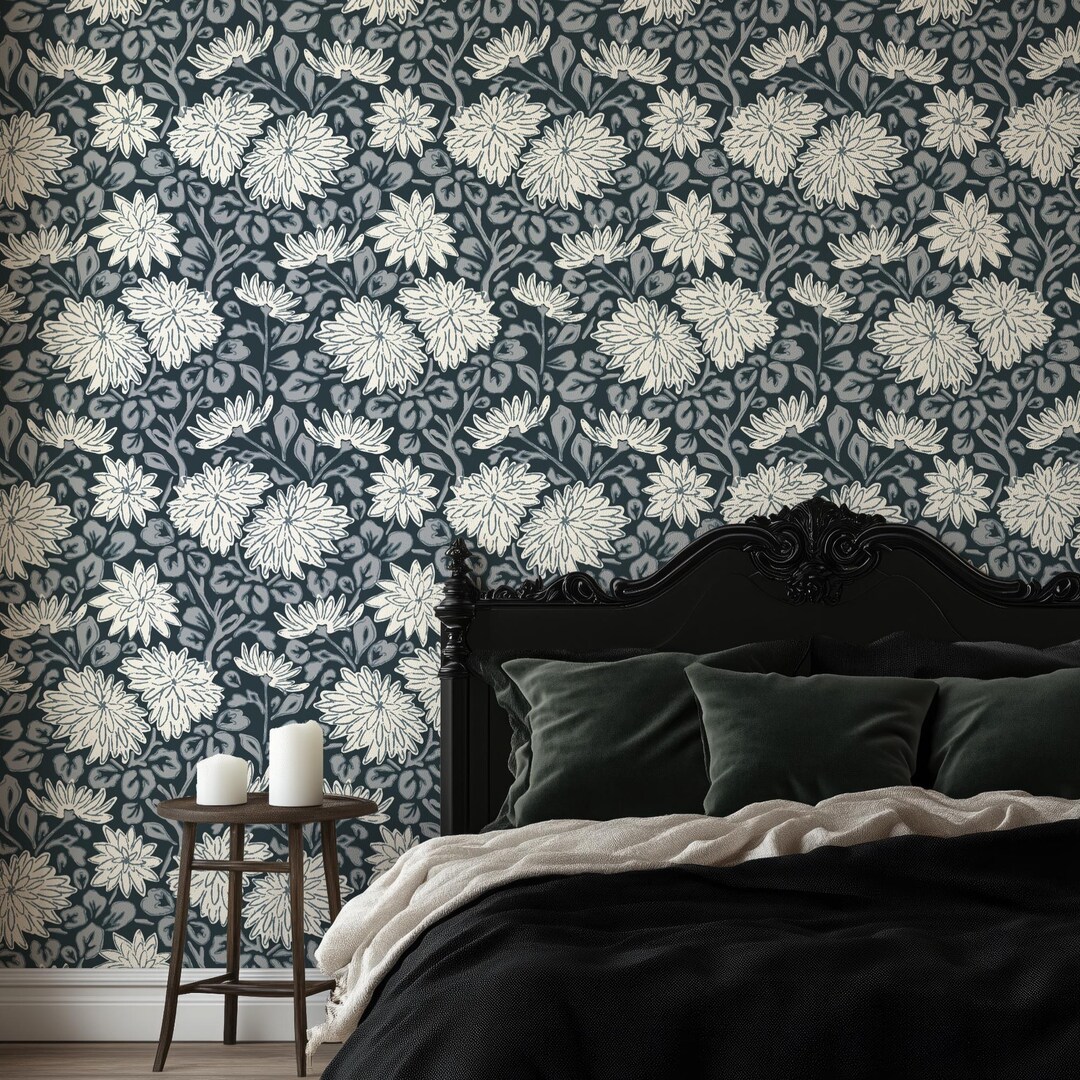 Dark Flower Wallpaper Navy Blue I Prepasted, Peel and Stick & Renter ...