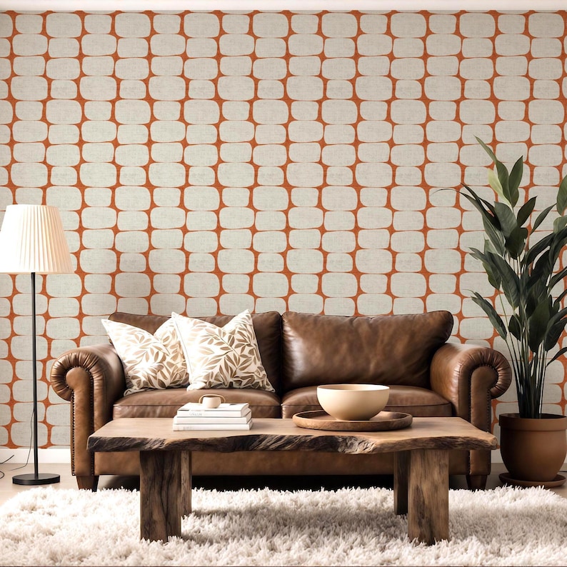 Terracotta Geometric Wallpaper - Mid Century Modern Peel and Stick Wall Mural image 8