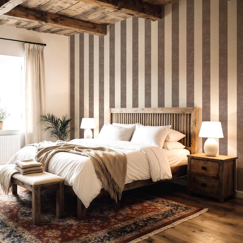 Mocha Brown Wide Stripe Wallpaper | Rustic Farmhouse Feature Wall Decor ...