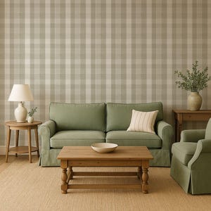Strukturierte neutrale karierte Tapete - modernes geometrisches Muster für minimales Interieur. Erhältlich in Ecru, Grün und Neutral Beige