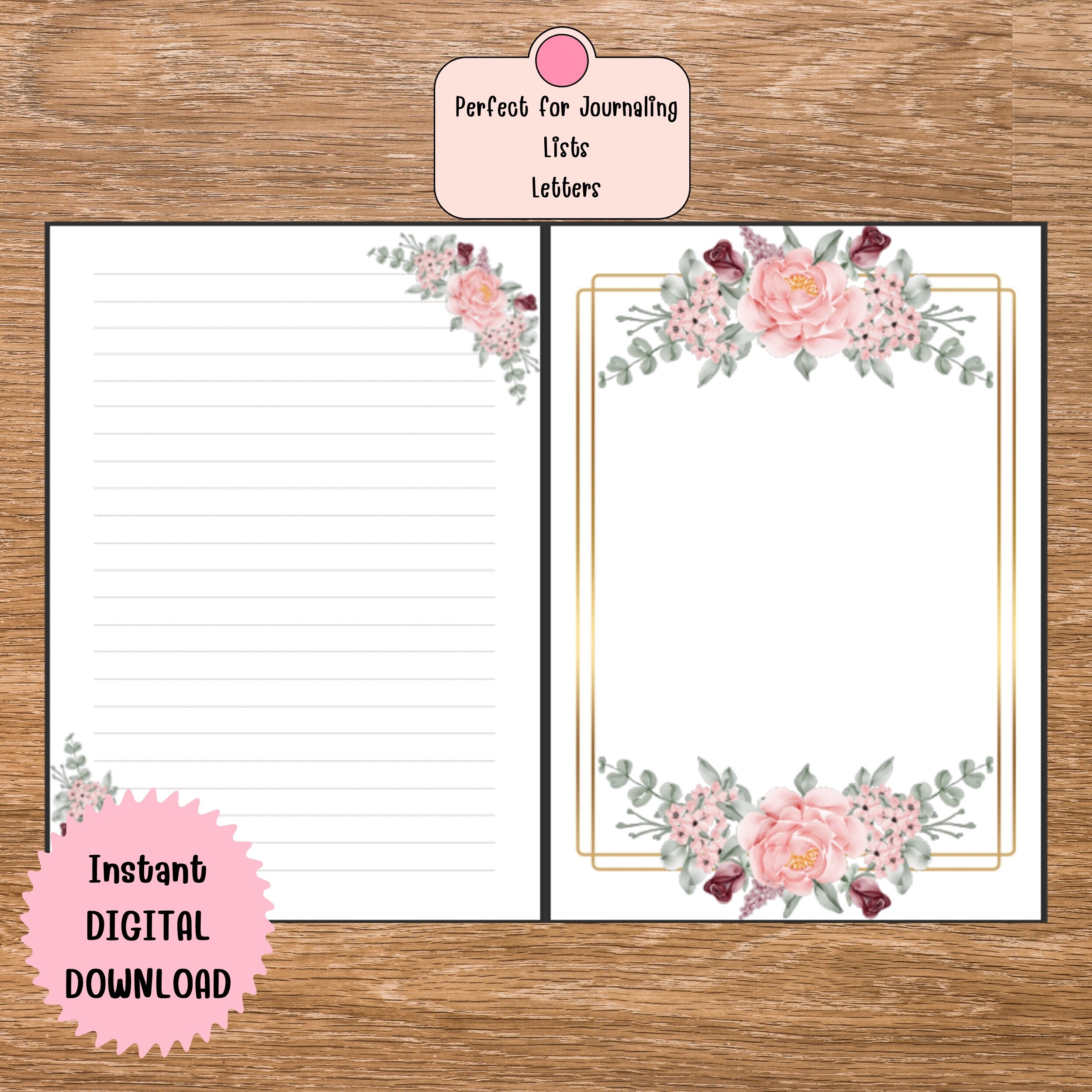 Pink Flower Lined Paper, Floral Blank Paper, Printable Pink Floral Stationery, Journal Paper ...