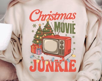 Sweat-shirt de Noël pour les drogués aux films Cadeau douillet pour les cinéphiles Vêtements de vacances Sweat-shirt classique de films de Noël Pull de Noël moche