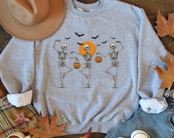 Halloween Skeleton Crewneck Sweatshirt Dancing Skeletons with Jack O Lantern Buckets and Bats Spooky Sweatshirt Halloween Gift Halloween