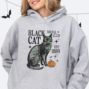 black cat Halloween hoodie autumn sweatshirt vintage Halloween lover spooky season gift Halloween Birthday Gift black cat social club hoodie