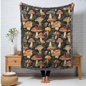 Vintage Mushrooms Woven Blanket Cotton Woven Throw Large Picnic Blanket Birthday Gift for Her Cottagecore Decor Christmas Gift For Her
