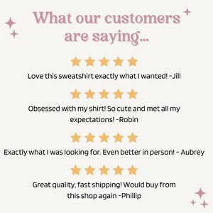 May include: A graphic with the text "What our customers are saying..." and four customer reviews with five-star ratings. Each review includes a quote and the customer's name. The reviews are positive and highlight the quality of the products and the customer service.
