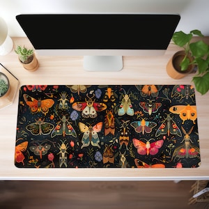 Colorful Moth Desk Mat Nature Desk Decor XL Mousepad Forestcore Desk Mat with Vintage Moths Gaming Desk Mat for Home Office Cottagecore