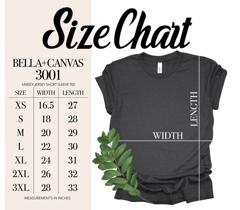 May include: Size chart for Bella + Canvas 3001 unisex jersey short sleeve tee. The chart shows the width and length measurements in inches for sizes XS to 3XL.