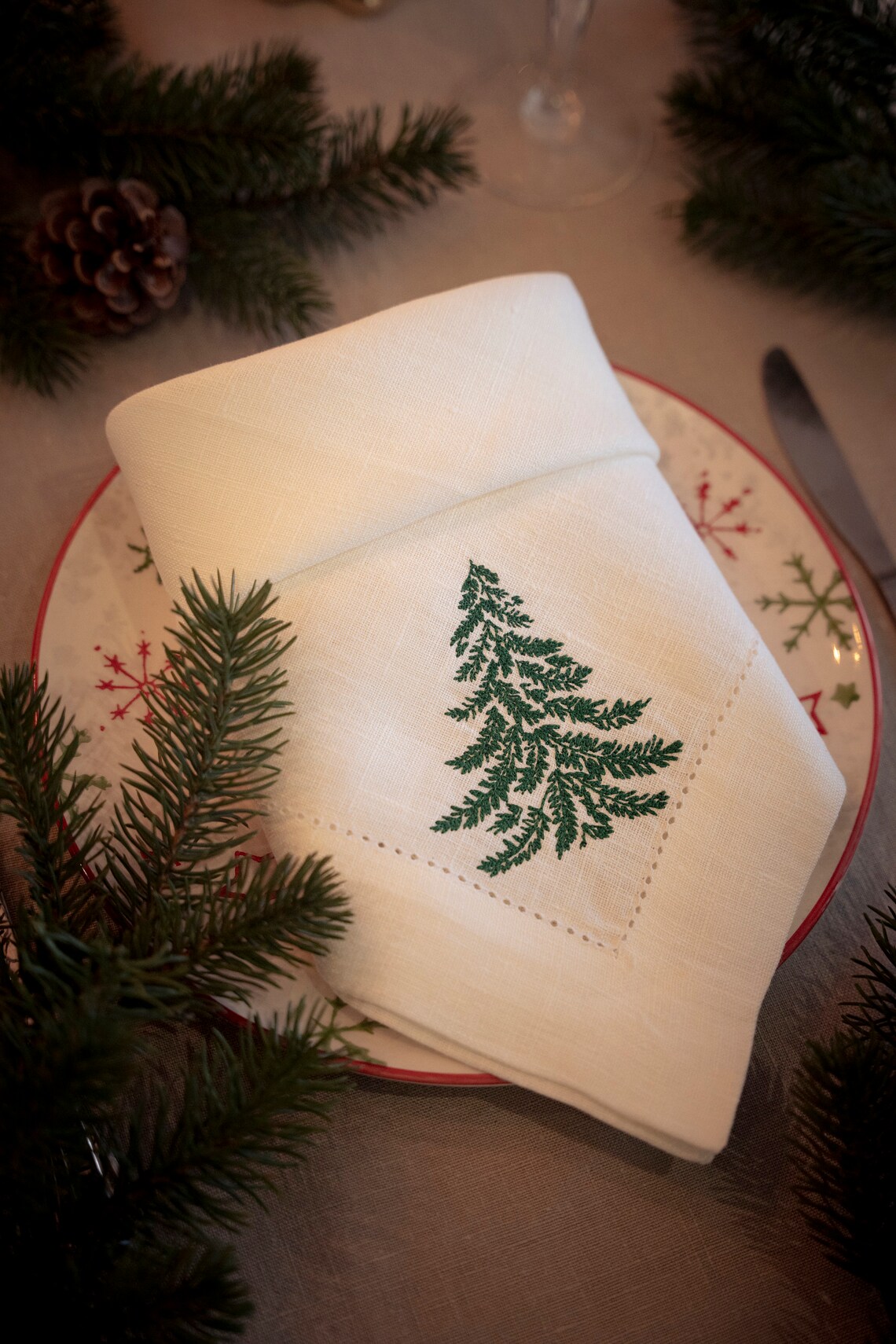 Embroidered Hemstitch Linen Napkin , 100 Linen Napkins, Christmas