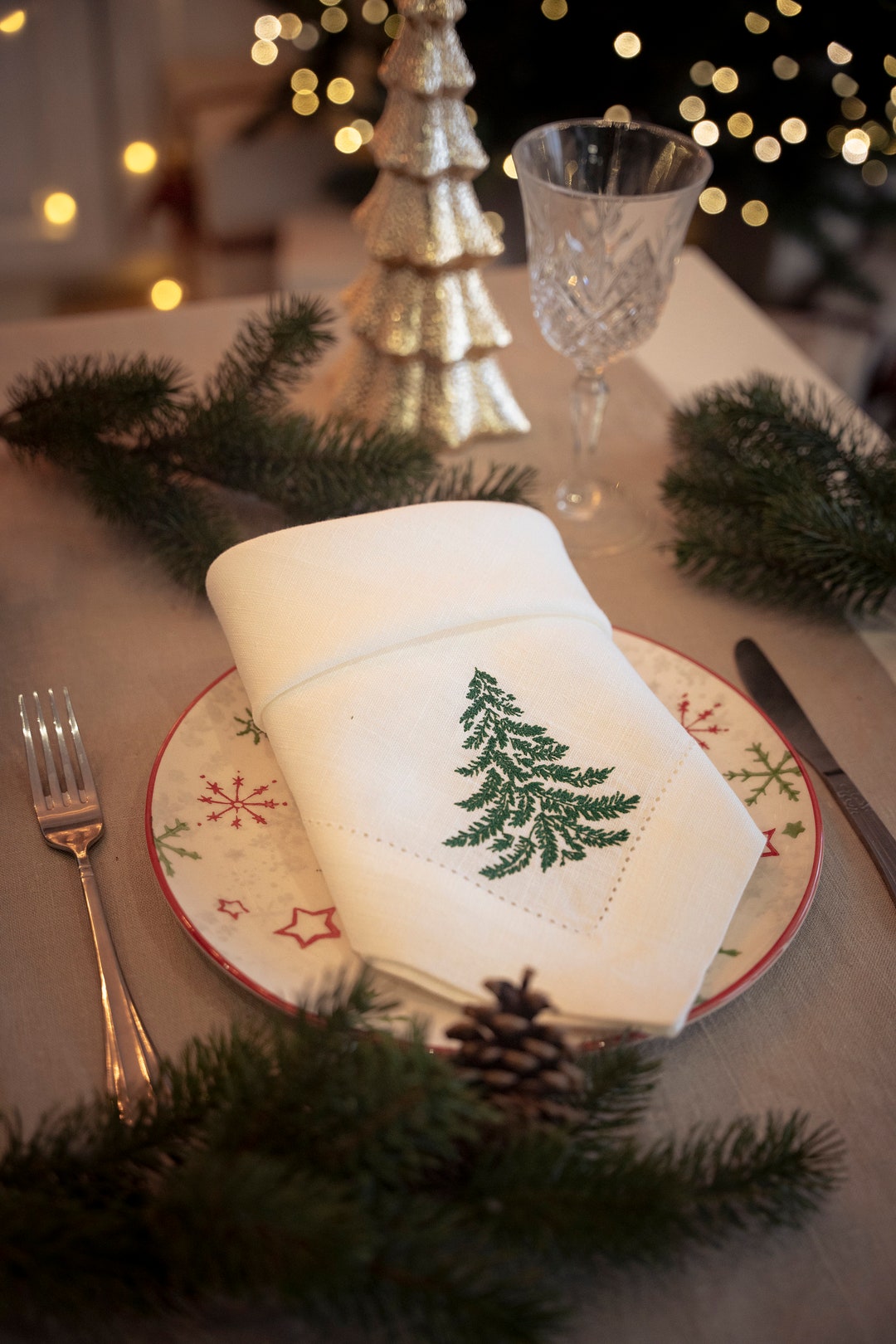 Embroidered Hemstitch Linen Napkin , 100 Linen Napkins, Christmas