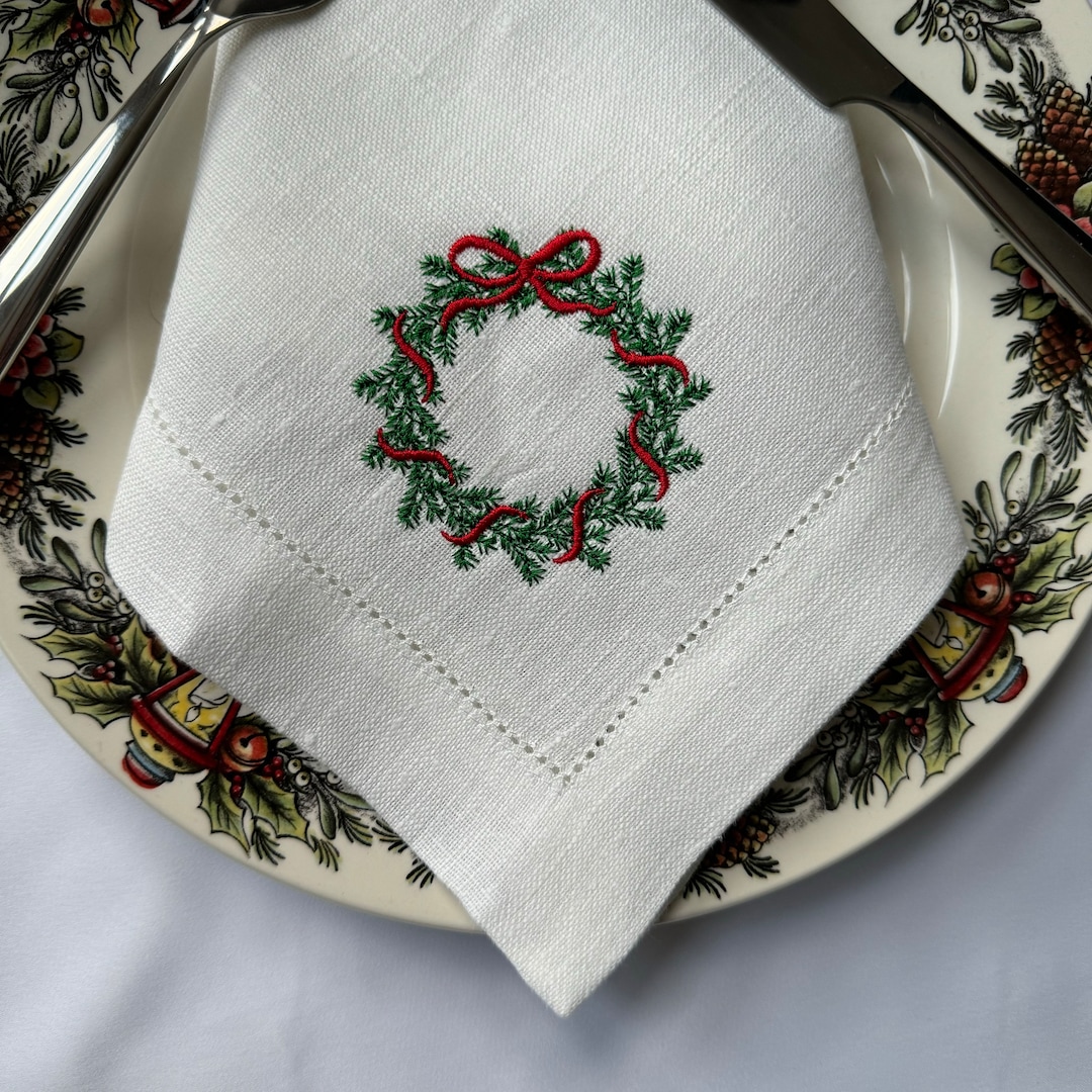 Embroidered Hemstitch Linen Napkins , 100 Linen Napkins, Christmas