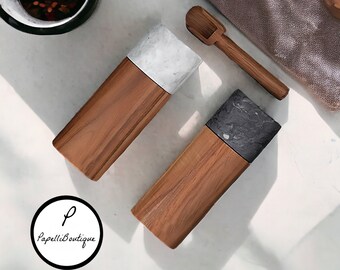 Marble Salt and Pepper Grinders, Acacia Wood, Pepper Mill, Kitchen Gift, Mother's Present, Manual Shaker,  Sea Salt and Peppercorn Utensil