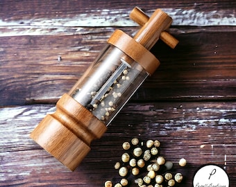 Salt & Pepper Mill, Manual Hand Grinder, Refillable Handmade Wooden Shaker, Homeware Gift