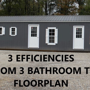 Puede incluir: Un edificio largo y gris con techo de metal, puertas y ventanas blancas. El edificio tiene tres puertas y tres ventanas con contraventanas blancas. El texto en la imagen dice: "3 EFFICIENCIES, 3 BEDROOM 3 BATHROOM TRIPLEX FLOORPLAN."