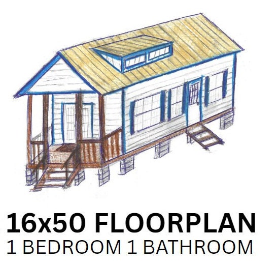 Plano de planta de casa pequeña de 1 dormitorio, 1 baño con porche final de 16 x 50