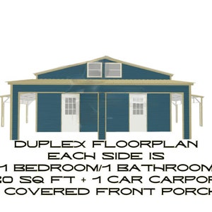 Peut inclure: Plan d'étage d'un duplex bleu avec un porche avant couvert et un carport. Chaque côté mesure 420 pieds carrés avec une chambre et une salle de bain.