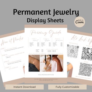 May include: Three printable sheets for permanent jewelry businesses. The first sheet explains how to create permanent jewelry, the second sheet is a pricing guide, and the third sheet has QR codes for social media, website, and Venmo.