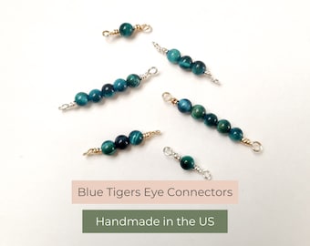 Gemstone Beaded Connector | Blue Tigers Eye | Permanent Jewelry | Bulk Permanent Jewelry Supplies | Handmade Charm | 14k GF Connector Charm