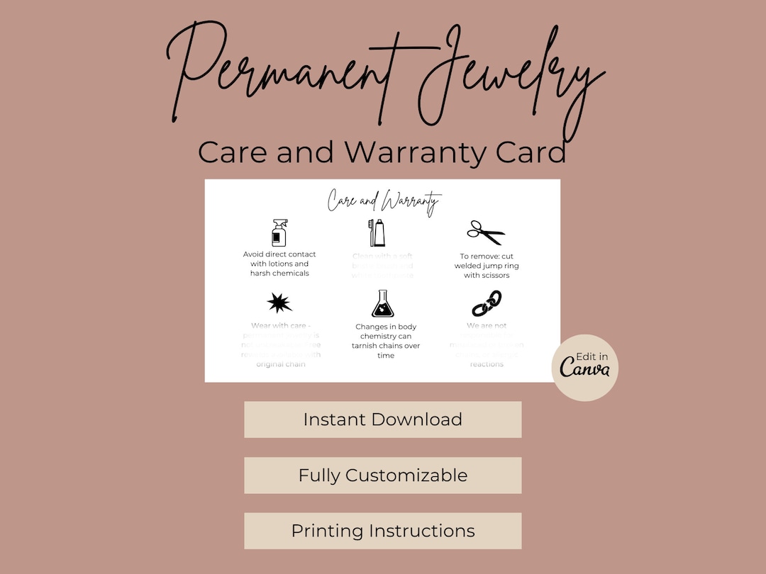 Permanent Jewelry Care Card Permanent Jewelry Warranty Card Permanent
