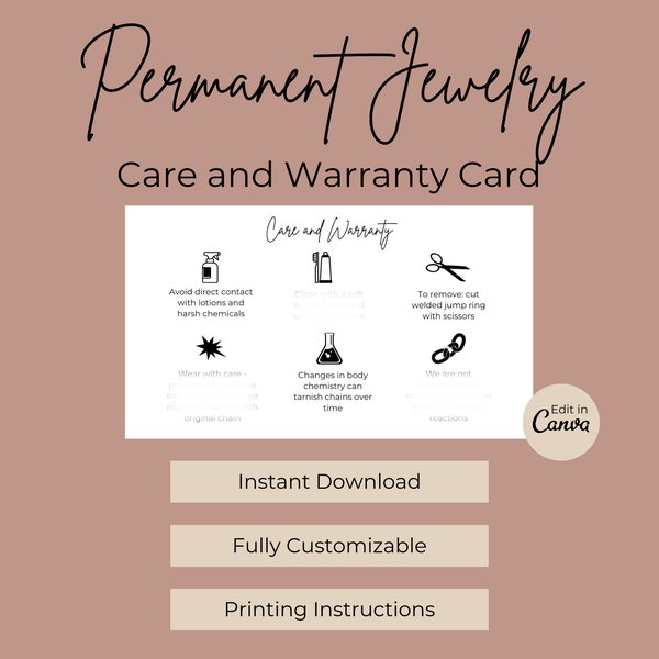 Permanent Jewelry Care Card | Permanent Jewelry Warranty Card | Permanent Jewelry Business | Permanent Jewelry Starter Tool | Canva Template