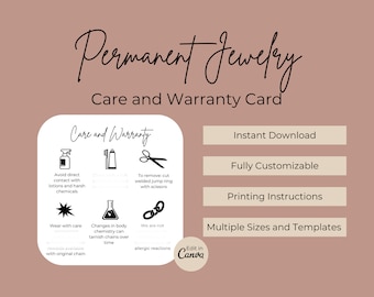 Permanent Jewelry Care Card | Permanent Jewelry Warranty Card | Permanent Jewelry Business | Permanent Jewelry Starter Tool | Canva Template