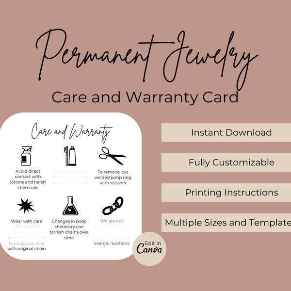 Permanent Jewelry Care Card | Permanent Jewelry Warranty Card | Permanent Jewelry Business | Permanent Jewelry Starter Tool | Canva Template